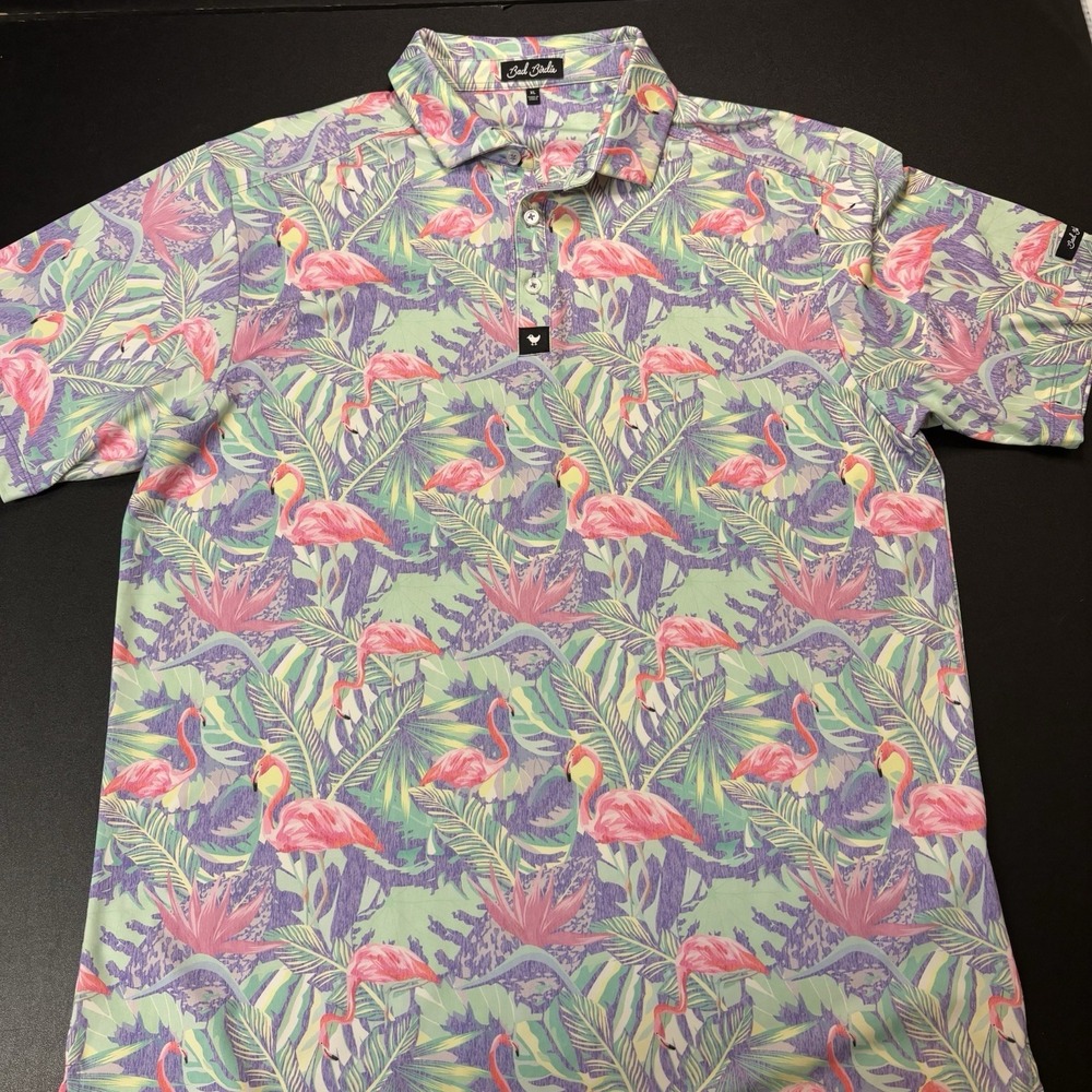 Bad Birdie Performance Polo Shirt‎ Men's XL Flamingo All Over Print Floral Golf